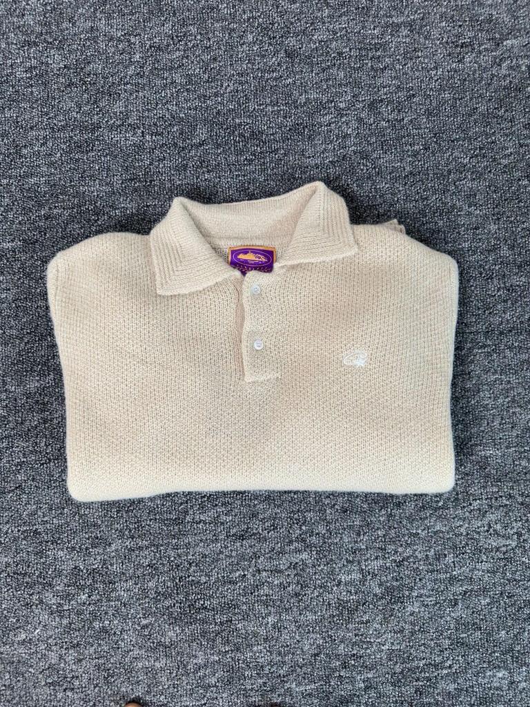 Pulover Tricotat Corteiz Alcatraz Unisex Bej cu Guler de Blană