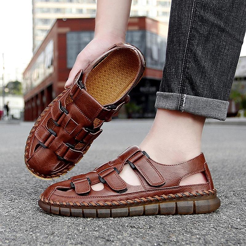 Neue Sommer Leder Herren Sandalen Mode Atmungsaktiv Freizeit Schuhe Herren Weiche Sohle Outdoor Strand Sandalen Römische Pantoletten Große Größe 47
