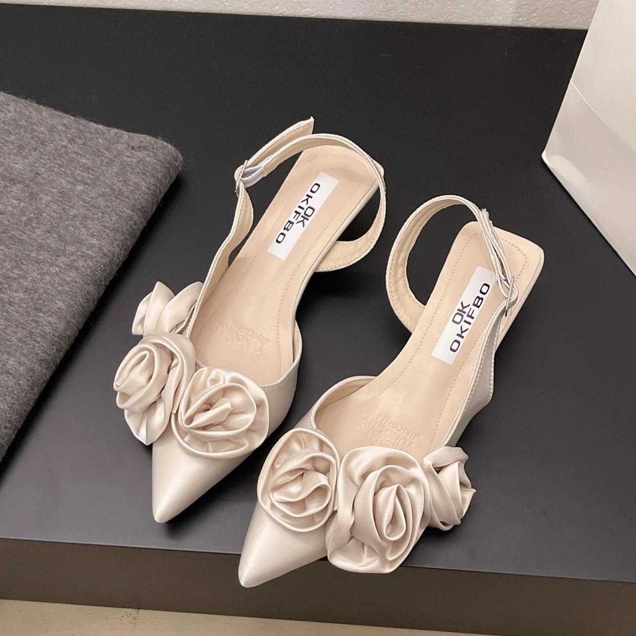 

Fashion Women Pumps Sexy Flower Pointed Toe Mules Shoes Fashion Thin Heeled Low Heeled Shoes Buckle Strap Elegant Banquet Prom Sandals 35 бежевый