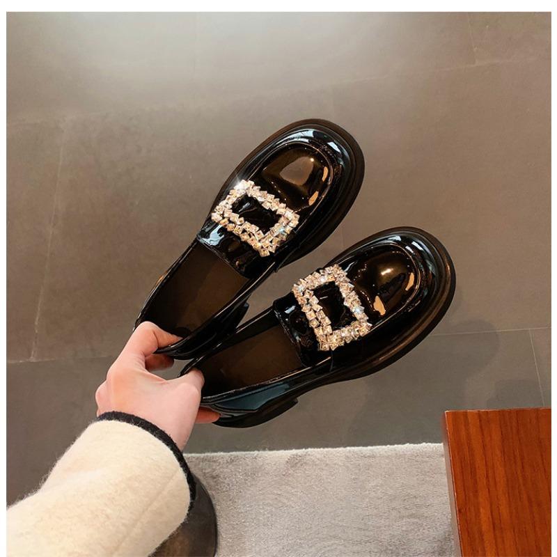 Sheepskin rhinestone square buckle women's platform leather British small leather shoes lazy one pedal thick heel commuting shoes