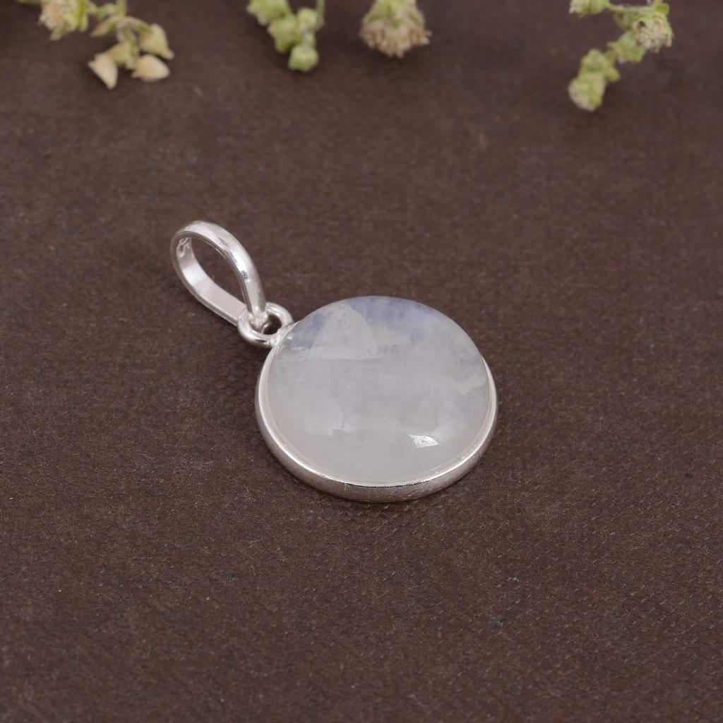 Round Cabochon Moonstone Pendant Solid 925 Sterling Silver Gemstone Pendant without Chain Jewelry For Women or Girls - 2.32 Gms