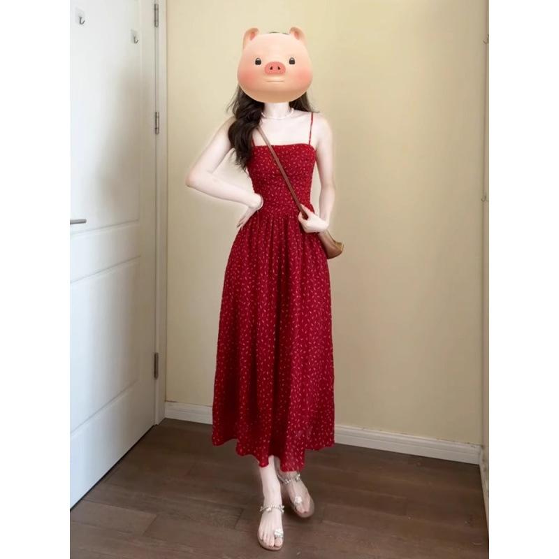 Retro Red Floral Suspender Dress for Children's Summer New Seaside Vacation Style Waist Dress