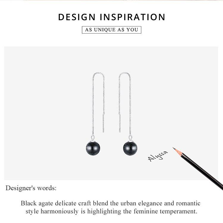 BAMOER 925 Sterling Silver Fine Jewelry Okrągły Czarny Agat Kamień Koraliki Długi Łańcuch Dangle Kolczyki