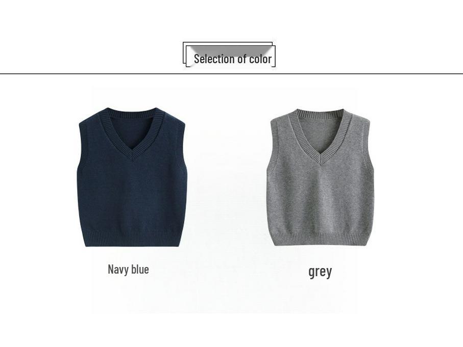 Autumn/Winter Children's Cotton Knit V-Neck Sweater Vest - College Style, Solid Color