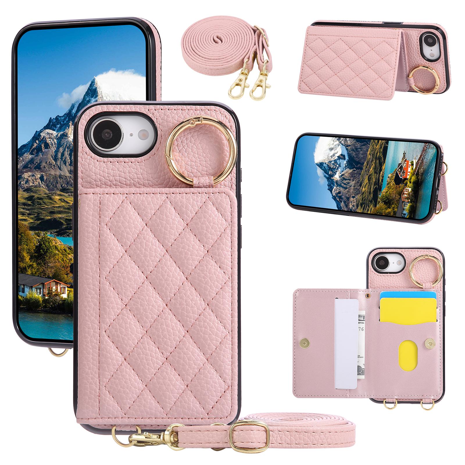 

For iPhone 16e Case Kickstand Rhombus Leather+TPU Phone Cover with Shoulder Strap Pink