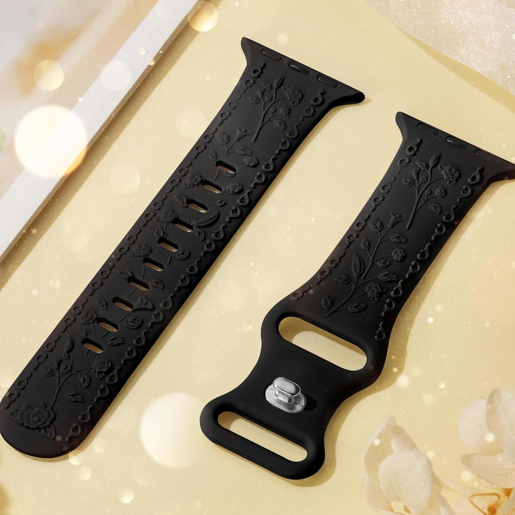 Silicone Strap For Apple Watch 10 Band 46mm 44mm 41mm 40mm 45mm 49mm Floral Engraved Bracelet Correa Series 8 9 7 SE 4 5 Ultra 2