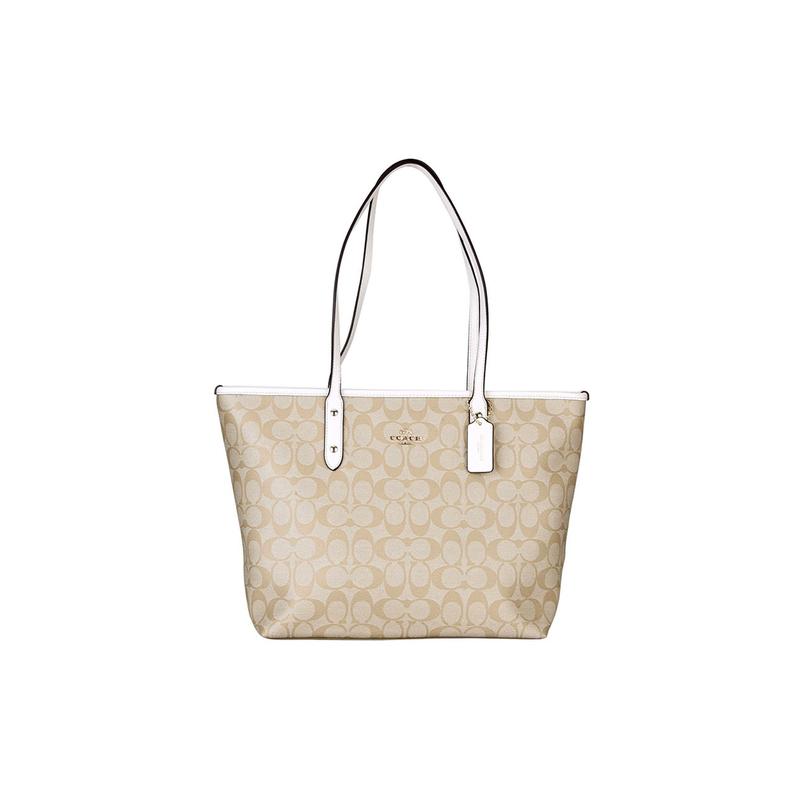 

COACH shoulder bag City Zip Tote 30 presbyopia all-over zipper closure canvas coated leather Tote Tote shopping hand-held women s light khaki коричневий