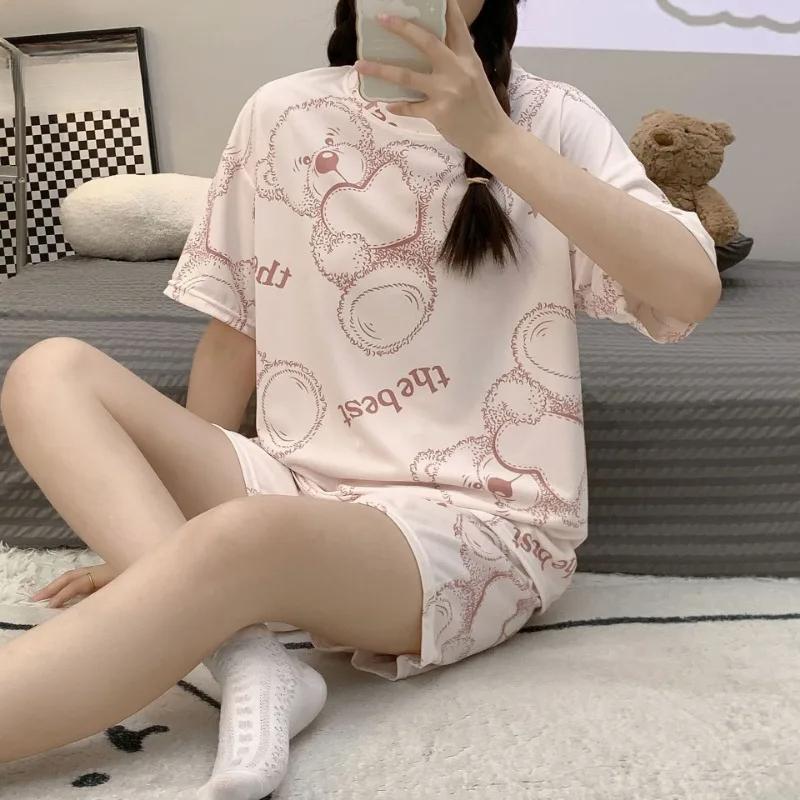 

Женские пижамы больших размеров с короткими рукавами и шортами, студенческая одежда для сна, комплект домашней одежды с круглым вырезом и принтом в виде мультфильма, ночная одежда для дома M