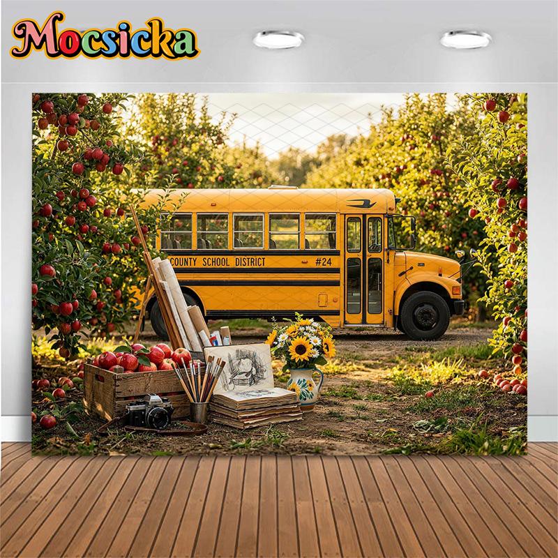 Mocsicka Backgrounds For Photographs School Bus Party Backdrop Autumn Harvest Apple Orchard Decor Student Photo Studio Wallpaper