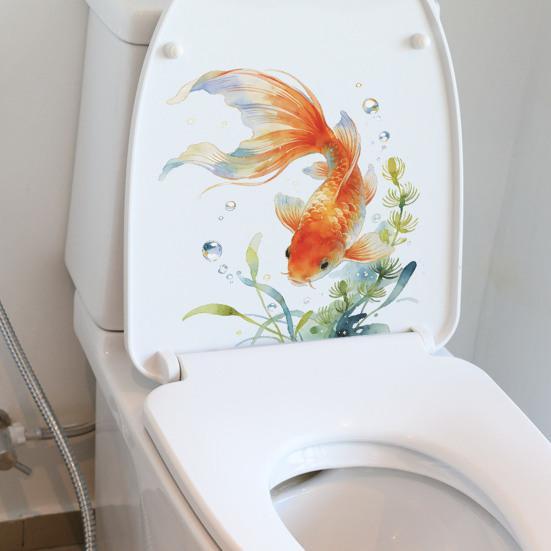 yangyizhi Watercolor Goldfish Toilet Seat Sticker, & Water Plants Tank Waterproof PVC Bathtub Decal, Self-Adhesive Lid Decals for Bathroom Decor