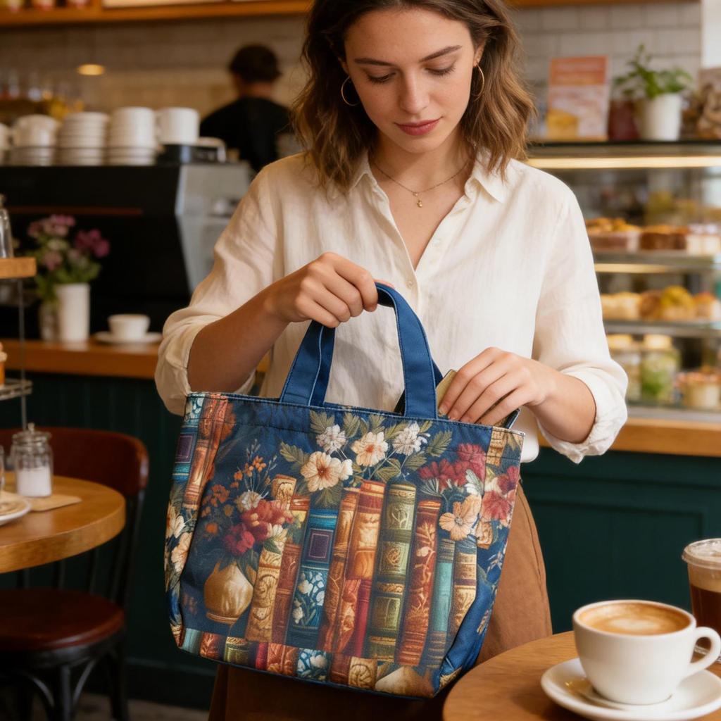 Quilted Tote Bags Book Floral Design Purse Vintage Shoulder Bag for Women for Teacher Students School College Work Travel Gym
