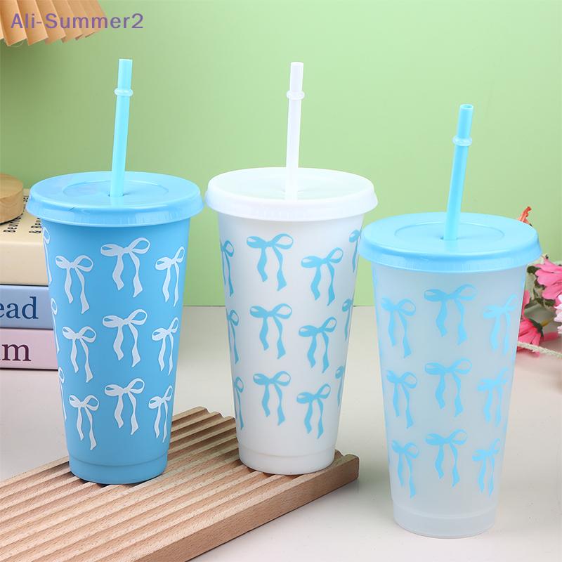 {Summer2} 710ML Kawaii Bow Reusable Party Cups With Straw Lid Coffee Juice Tea Cute Tumbler With Straw Plastic Cups Summer Gifts