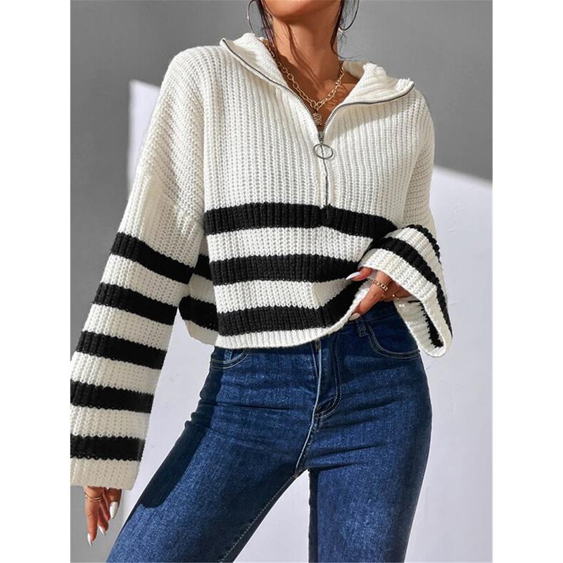 Loose Sweater Women Long Flare Sleeve Striped Zipper Stand Collar Knit Autumn Winter Thicken Warm Pullover