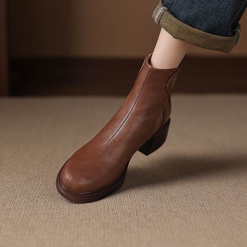 Krazing Pot Cow Skin Round Toe Thick Heels Chelsea Boots Size 42 Back Zip Women Keep Warm Ankle Boots