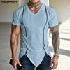 INCERUN Summer Men V Neck Short Sleeve Zip-up Casual Skinny Rib T-shirts Tops