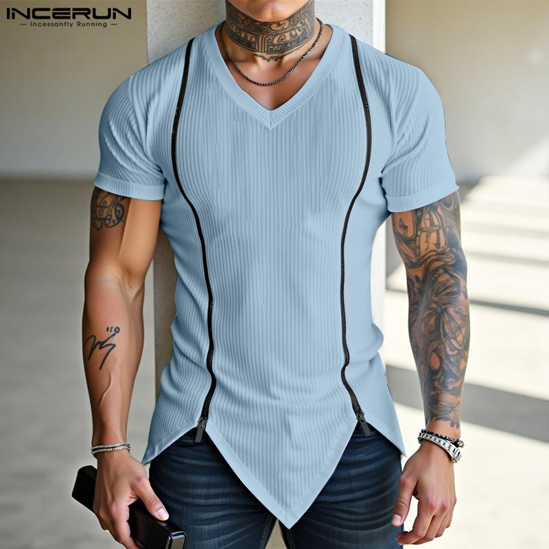 INCERUN Summer Men V Neck Short Sleeve Zip-up Casual Skinny Rib T-shirts Tops