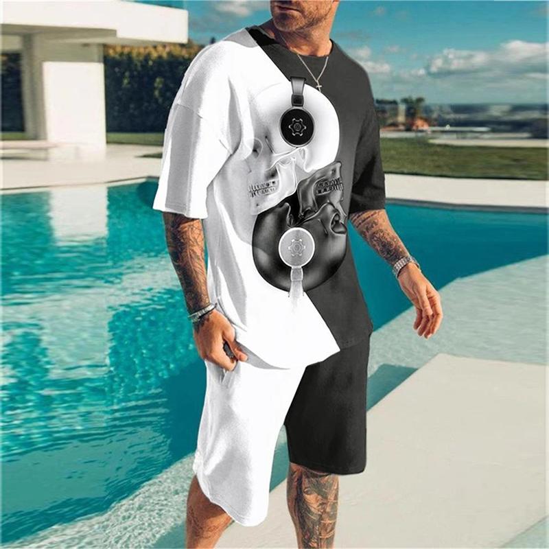 Men's Shorts and T Shirt Set T-Shirt Outfits Red Cracks Prints Crew Neck Outdoor Street Short Sleeve Apparel 2pcs Basic Classic