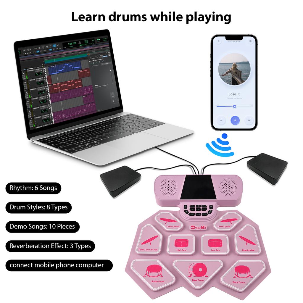 Electronic Drum Set with Dual Speaker Hand Roll Drum Set Ultra Thick 9 Pads Supports BT MIDI