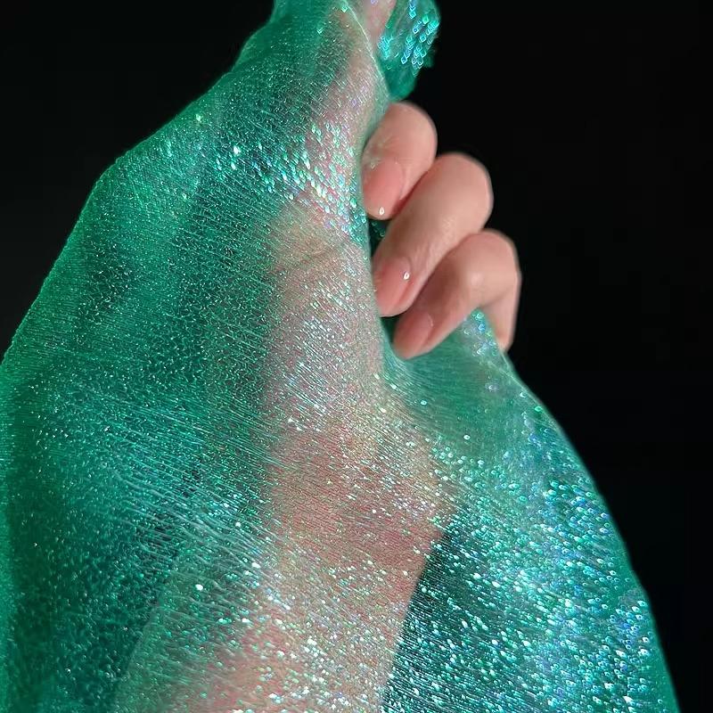 100/300/500cm Blue Mermaid Rainbow Elastic Laser Pleats Gradient Illusion Organza Dress DIY Fabric Designer Fabric