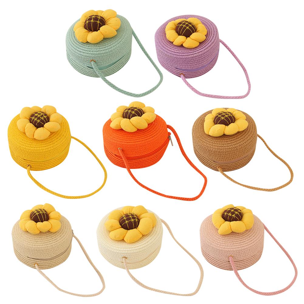 

Round Kids Sunflower Straw Shoulder Bag Children Girls Fashion Summer Coin Pu AU жёлтый