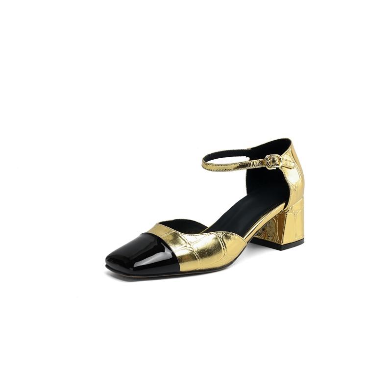 Fashion Women's new spring/summer color blocked leather square toe high-heeled high-heeled oversized elastic belt buckle toe sandals