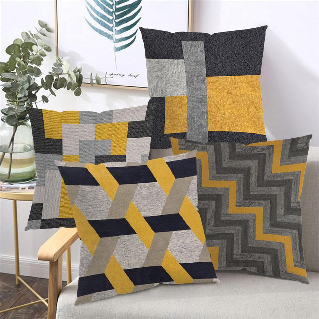 2D flat printing Modern Patterned Cushions Yellow Grey Black Design Polyester pillowcase, sofa decorative cushion cov