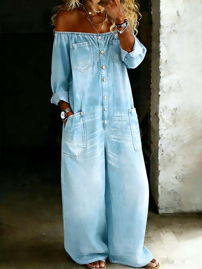 Tuta in Denim da Donna Off-the-Shoulder Europea e Americana 2026 - Moda Primavera e Autunno, Sexy Design Monopetto.