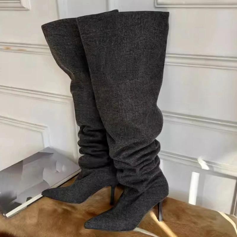2024 Stil Mode Spitzstiefel Plissierte Overknee-Stiefel Damenweite Cowboystiefel für Damen