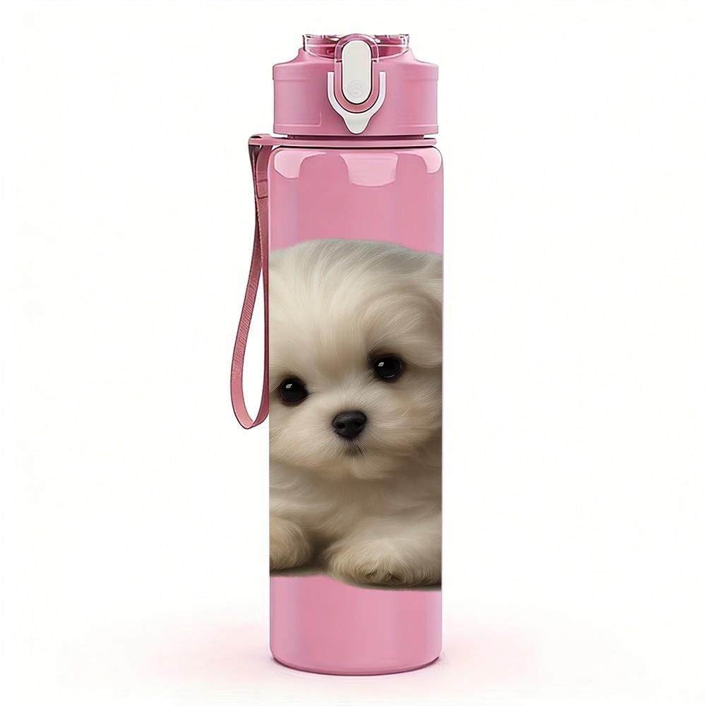1PC Cute Fluffy White Puppy 750ml Color Plastic Sports Water Bottle Leakproof Flip Straw Lid Suitable for Sports Office Home Use
