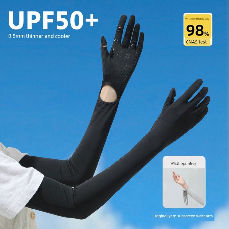 UPF50 + Ice Silk Sun Protection Gloves for Women Summer Long Five Finger UV Protection Driving Non Slip Cycling Thin Sleeve
