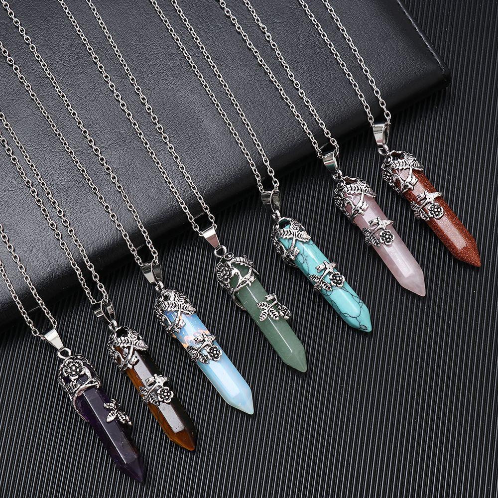 

Шестиугольное ожерелье с целебным кристаллом, обернутое цветком, кварцевый кулон, аметист, ожерелье из натурального камня