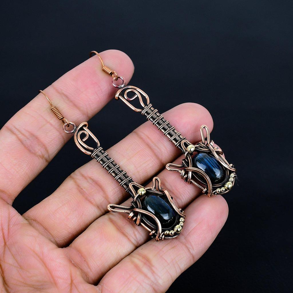 Labradorite 999 Copper Wire Wrapped Earrings, Handmade Gemstone Earrings Jewelry, Gifts For Wife Brand New Earrings