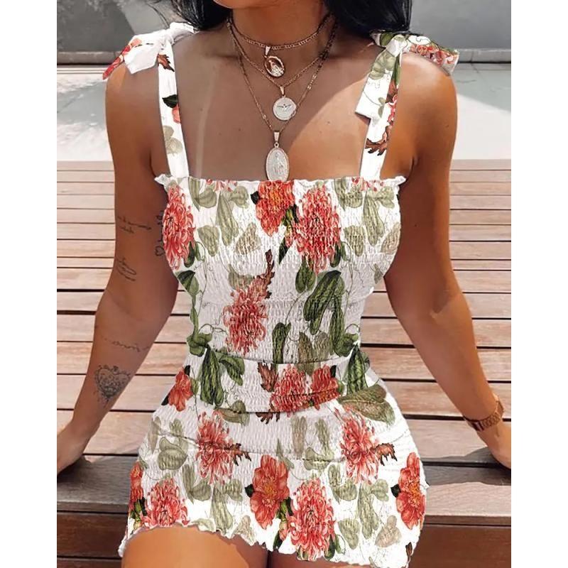 Small Summer New Arrival off-Neck White Flowers Print Silm Elastic Hip Tied Spaghetti-Strap Dress Women