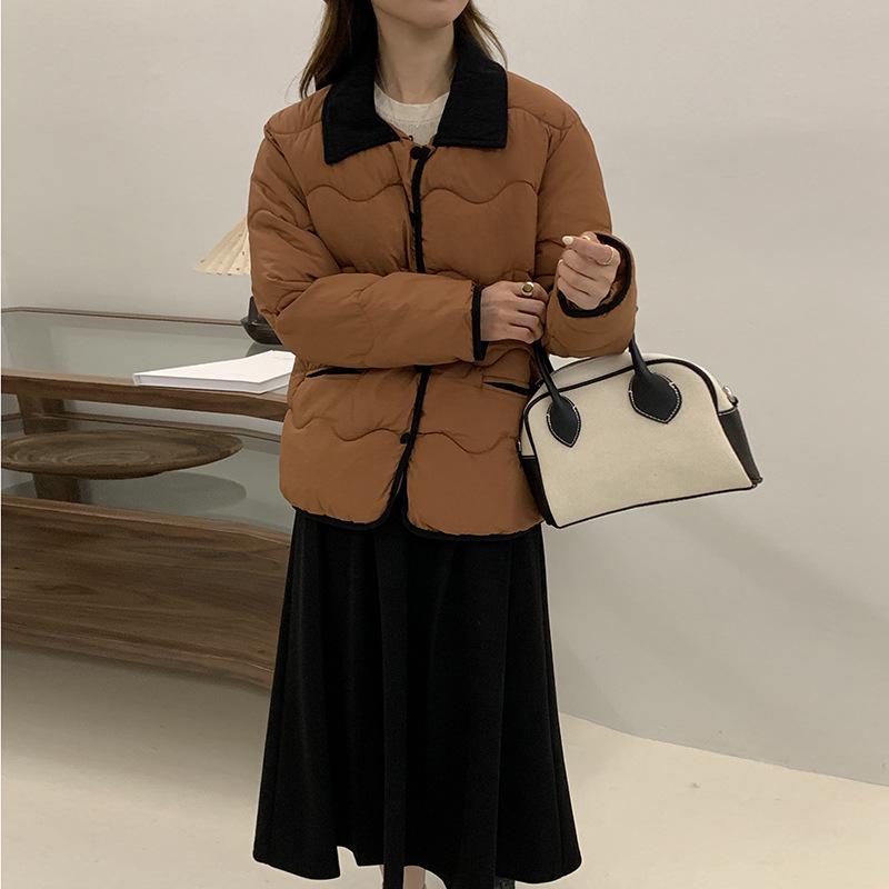 New Contrasting Color Sewn Cotton Jacket Short Autumn and Winter Women's Retro Lapel Thin Cotton Jacket Thickened Jacket