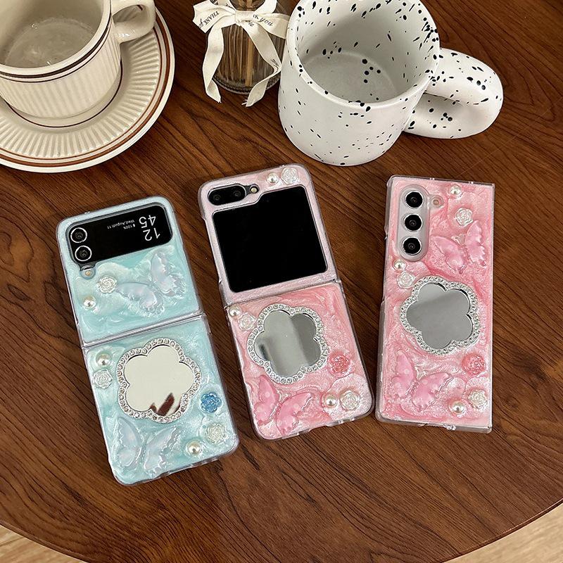 Rhinestone Flower Mirror Phone Case for Samsung Z Flip 7/ Z Fold 8 - New Butterfly Style for Women