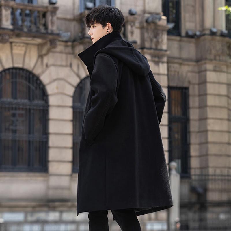ROMON Men's Mid-Length Hooded Wool Blend Trench Coat