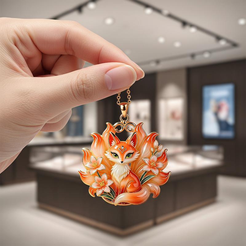 Nine-tailed Fox Enamel Pendant Necklace Vintage Mythology Animal Pattern Smooth Jewelry for Women Casual Daily Use