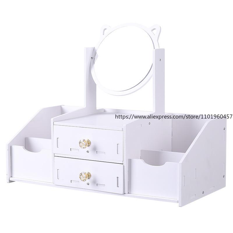 Desktop Drawer-Type Vanity Mirror Storage Box Round Makeup Mirror for Dressing Table Organizer for Jewelry Skincare Products