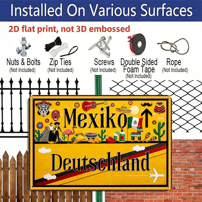 2D Flat, 1pc "Mexiko Deutschland" Aluminium Sign 8x12 Inch - Mexican & German Cultural Elements Design, Travel Themed Metal Wall Decor, Vintage