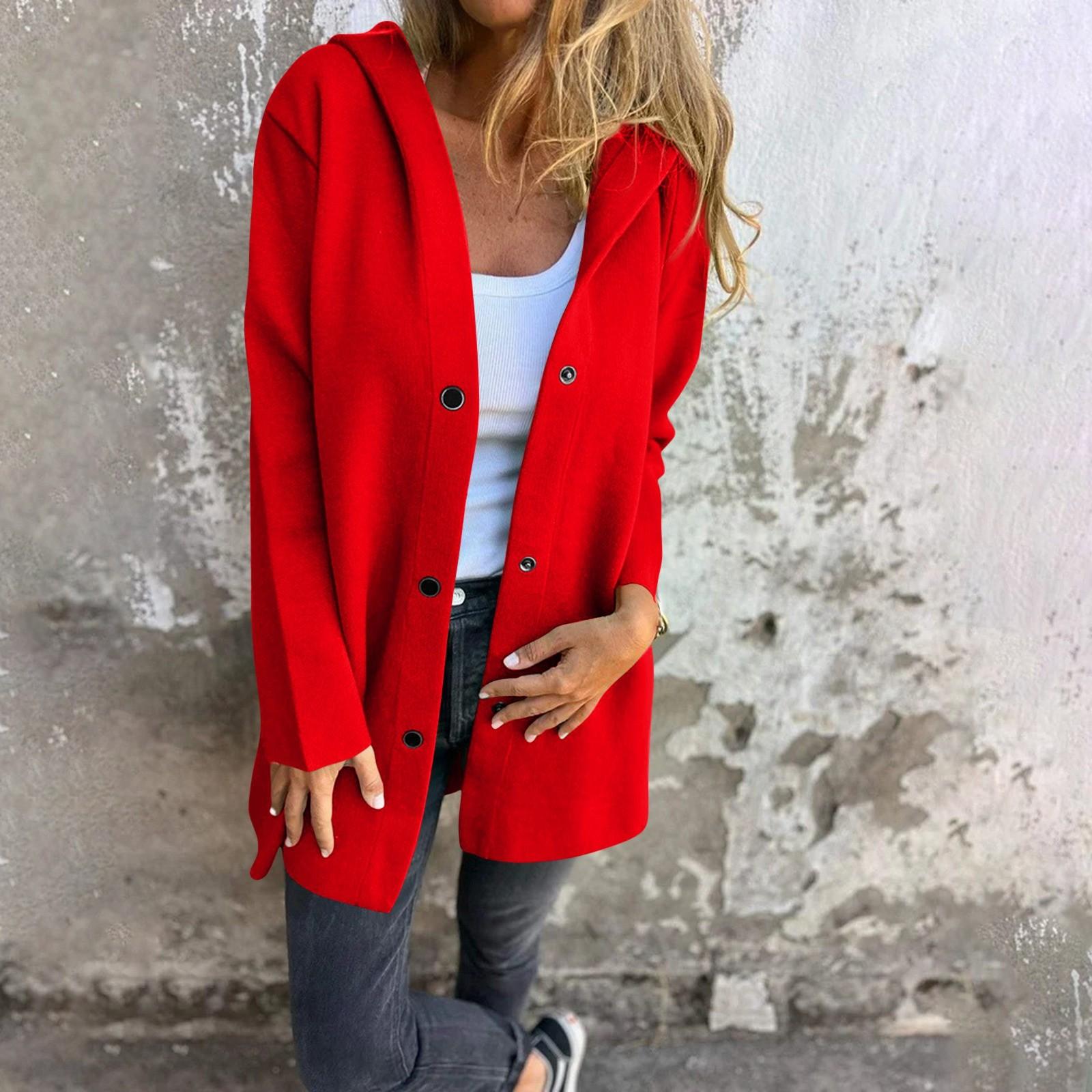 

Женская повседневная модная однотонная однобортная куртка с длинными рукавами и карманами с капюшоном S красный