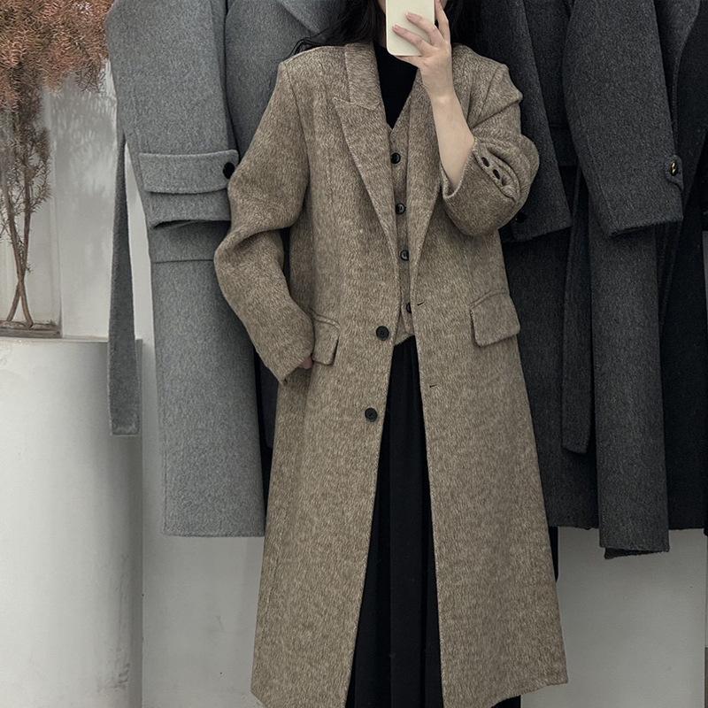 

2025 осень и зима новый костюм-двойка облегающий длинношерстный толстый двусторонний шерстяной плащ куртка S