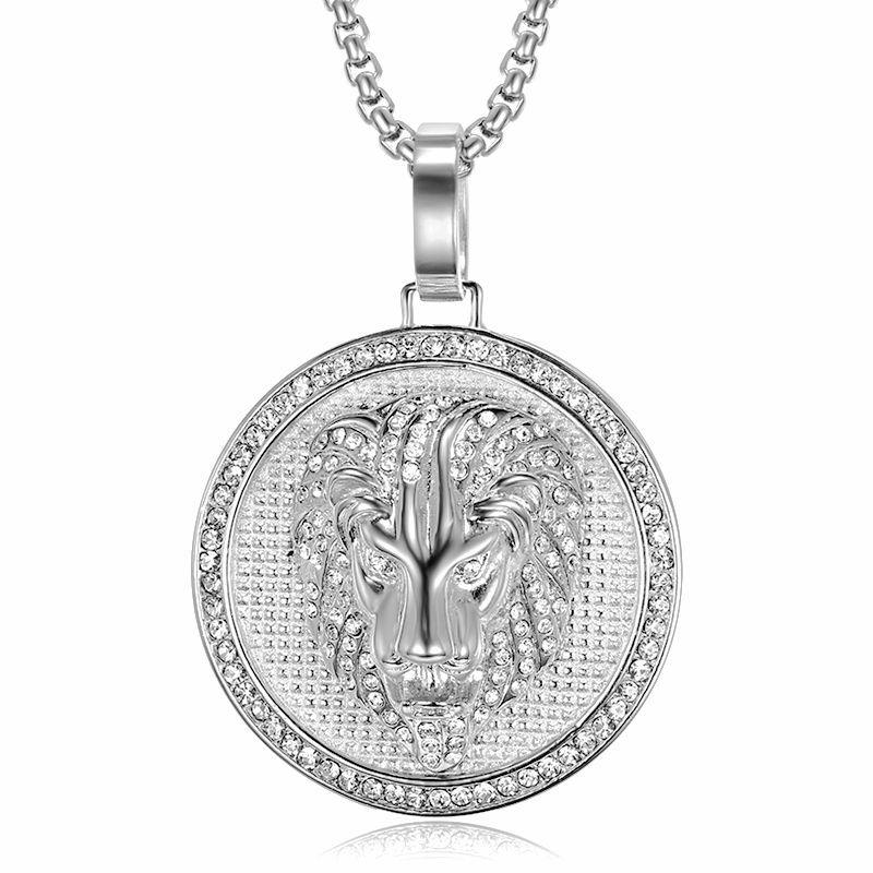 Stainless Steel Titanium Lions Head Luxury Zircon Round Pendant Hip Hop Collar Chains Necklace for Men Women Gift Jewel