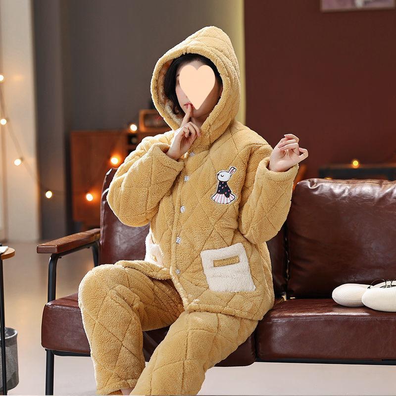 Dámské pyžamo třívrstvé zesílené a roztomilé zimní lze nosit velká velikost teplé polstrované domácí oblečení