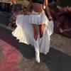 Women's Elastic Waist Maxi Skirt Regular Fit Solid Color Ruffled Irregular High Low Hem Layered Casual Skirt
