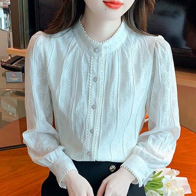 Fashion New 2024 Autumn Long Sleeve Stand Collar Casual Apricot Lace Blouse Shirt Women Tops Blouses Shirts J528