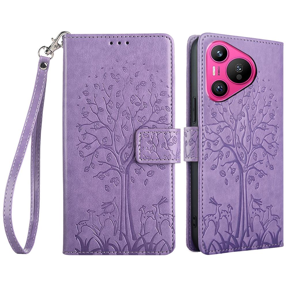 For Huawei Pura 70 Case PU Leather Wallet Phone Cover Tree Deer Imprinted