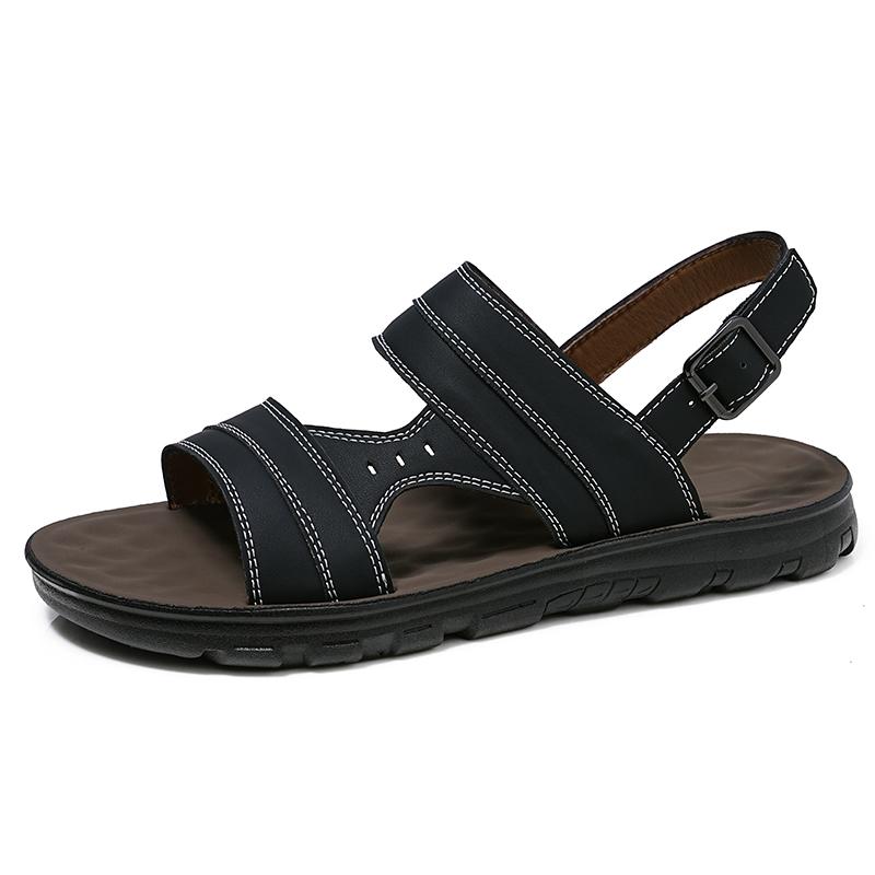 

Men Black Leather Sandals Summer Brown Outdoor Hiking Sandals White Wide Head Open Toe Beach Shoes for Father Over Sized EU:45 чёрный