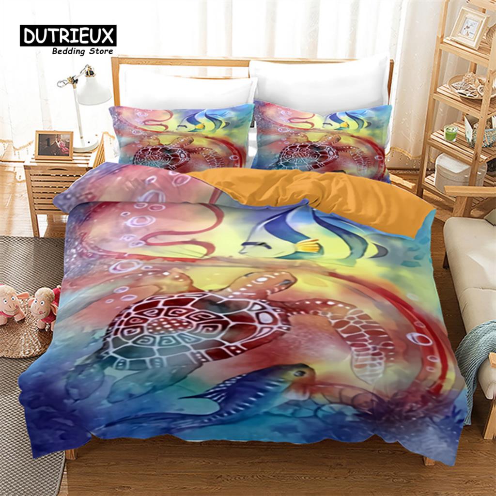 Sea Animal Duvet Cover Octopus Turtle Starfish Queen Bedding Set Microfiber Ocean Life Bedding Set King For Kids Boys Girls Teen