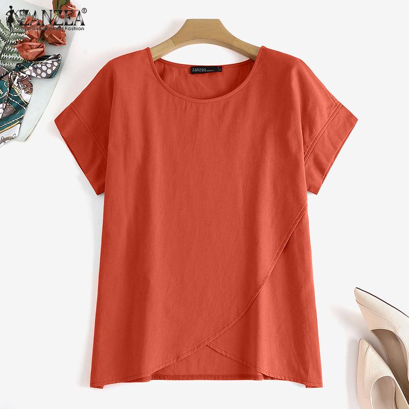 

ZANZEA Женская повседневная летняя блузка с круглым вырезом и короткими рукавами, топы
