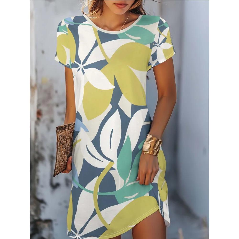 

Elegant Style Colorful Flowers 3D Print Round Neck Dress Summer Women s Short Sleeve Holiday Fashion Casual Oversized Dresses 8XL